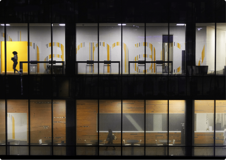 Night time view of on-campus building