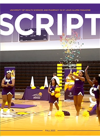 Script Fall 2023 cover thumbnail featuring the UHSP cheer team performing in the competition gym