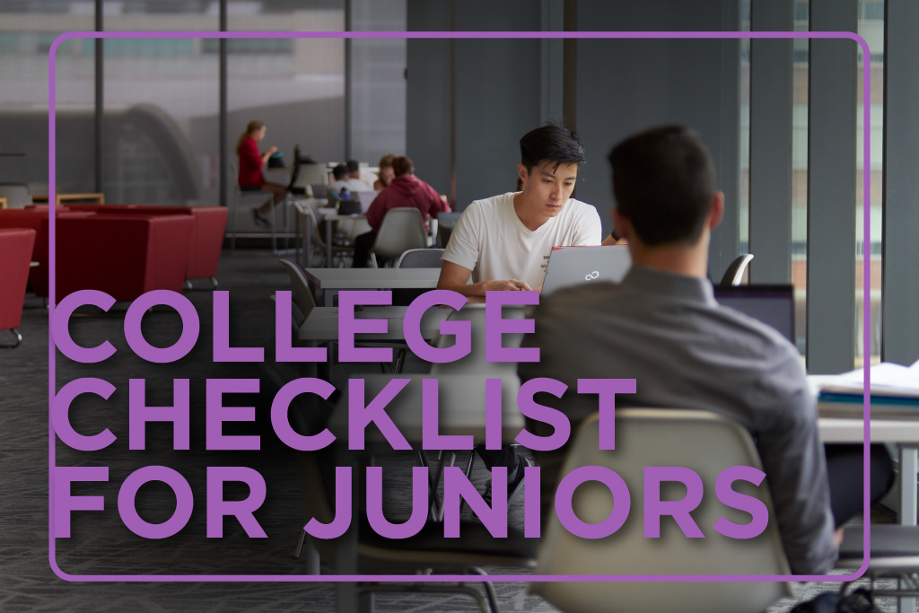 Students study in library. Text: "College Checklist for Juniors"