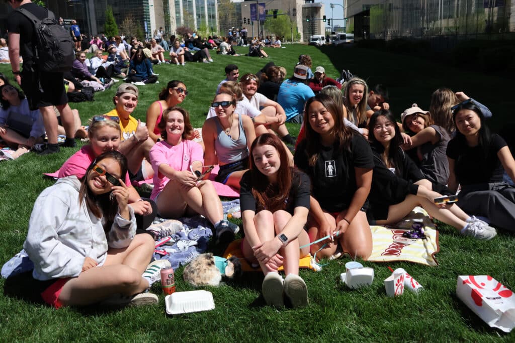 Students on the quad watching the 2024 eclipse